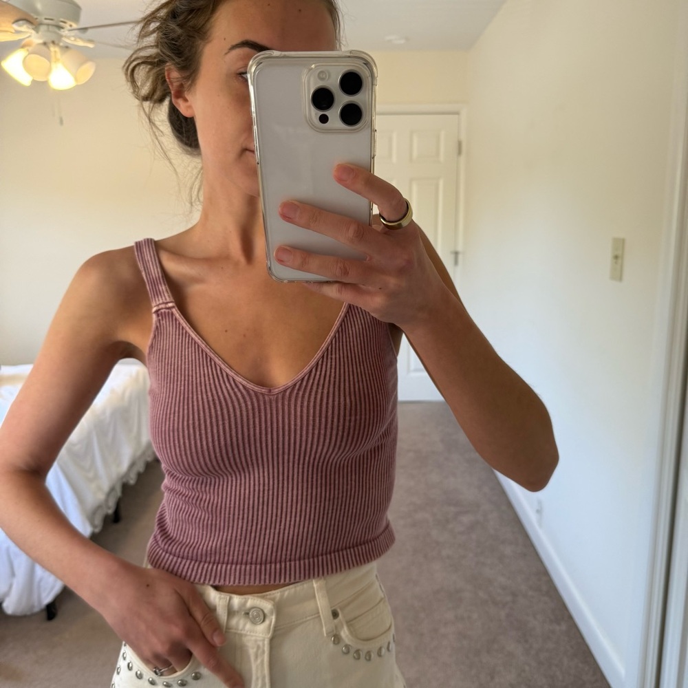 Free People Ribbed V-Neck Tank Top in Dusty Rose